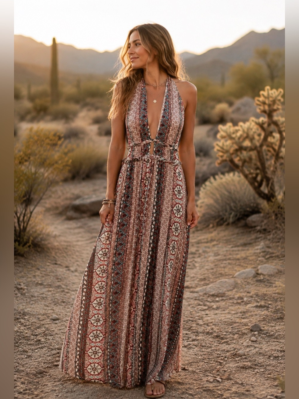 Lulus Boho Halter Maxi Dress Small Open Back Border Print Rayon Resort Festival